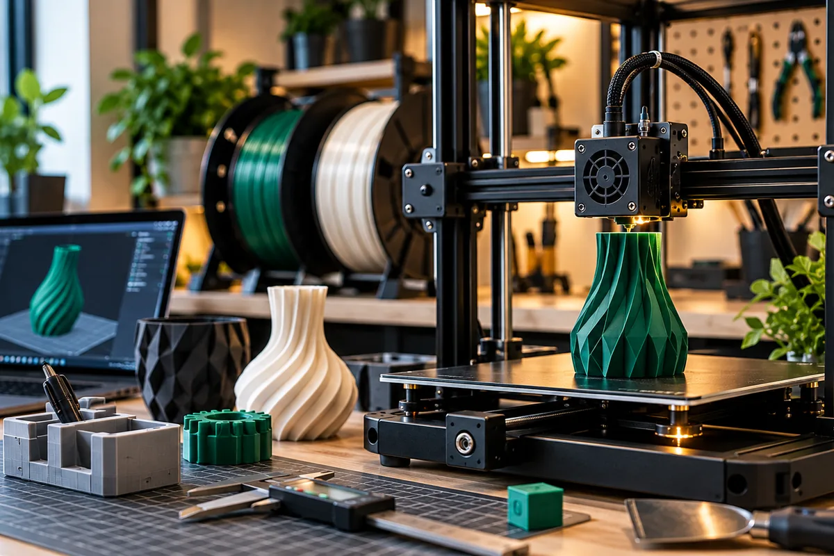 FDM-3D-Drucker formt eine grüne Vase neben Filamentrollen und Modellansicht